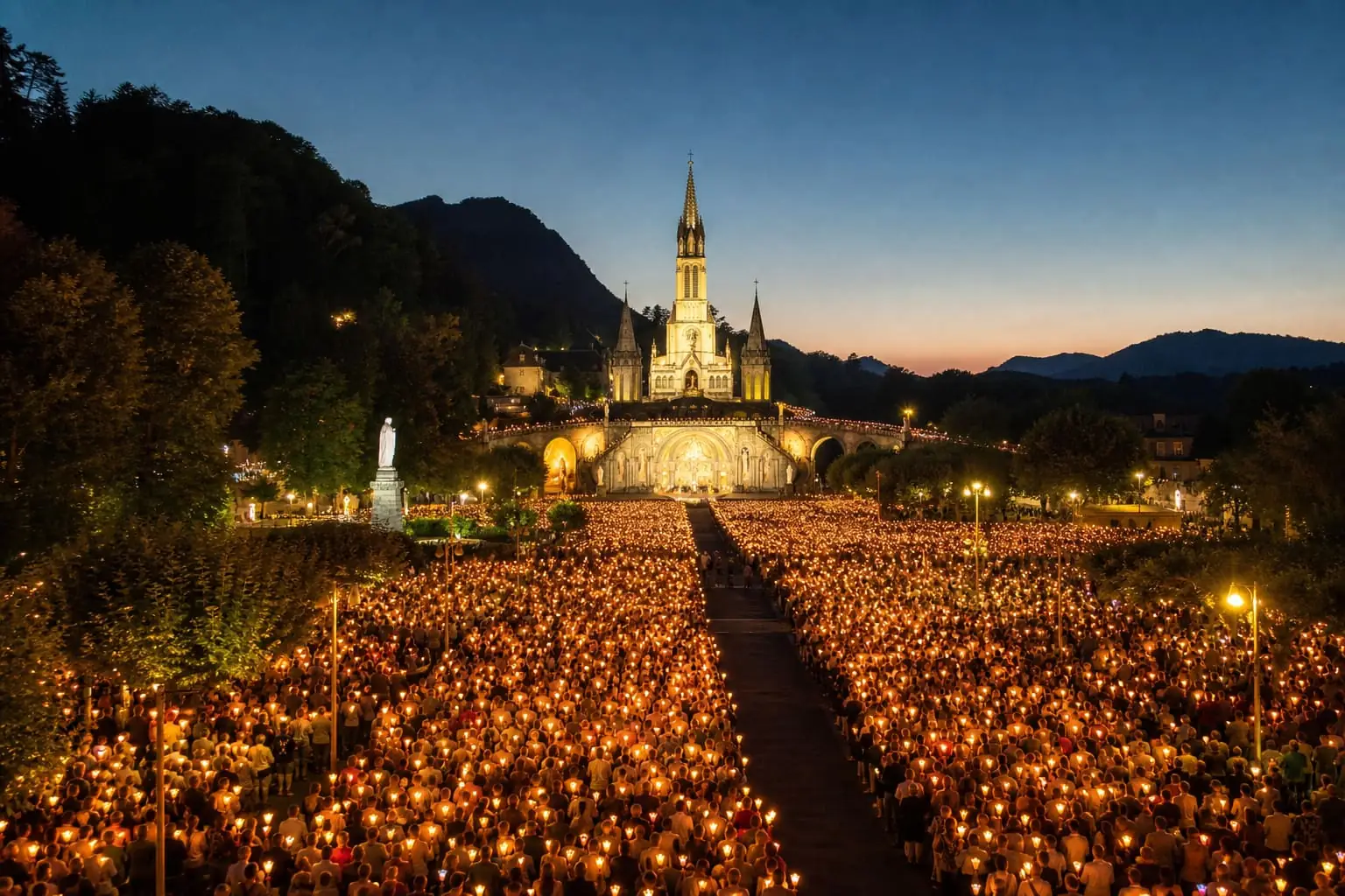 Sanctuary of Our Lady of Lourdes at dusk